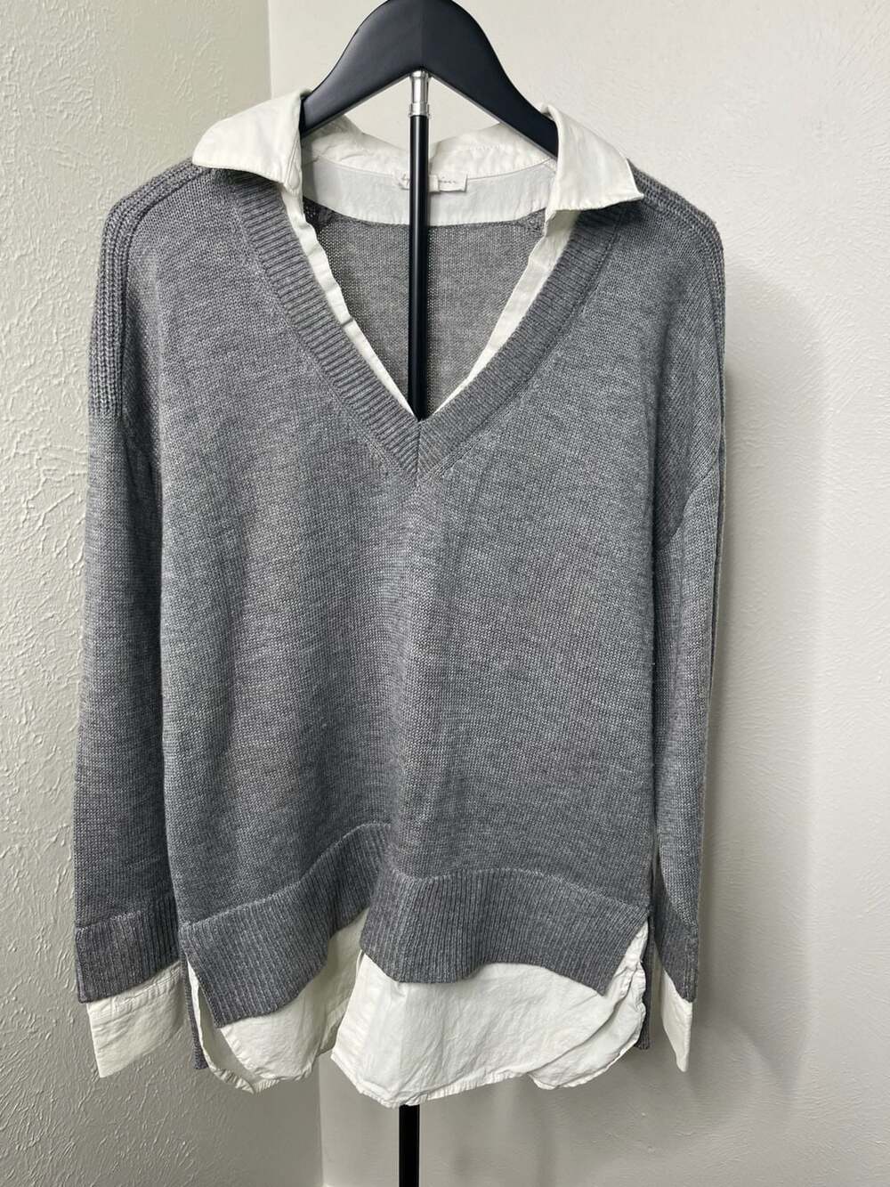 Gray White V-Neck Layered Twofer Sweater Shirt Preppy Knit Top